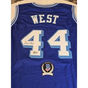 Jerry West Autographed/Signed Jersey Beckett COA Blue Custom Jersey Mr Clutch